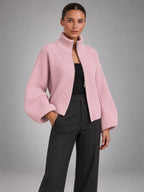 Women's Ribbed Zip-Up Cardigan – Roll Neck in Pink — alternate view
