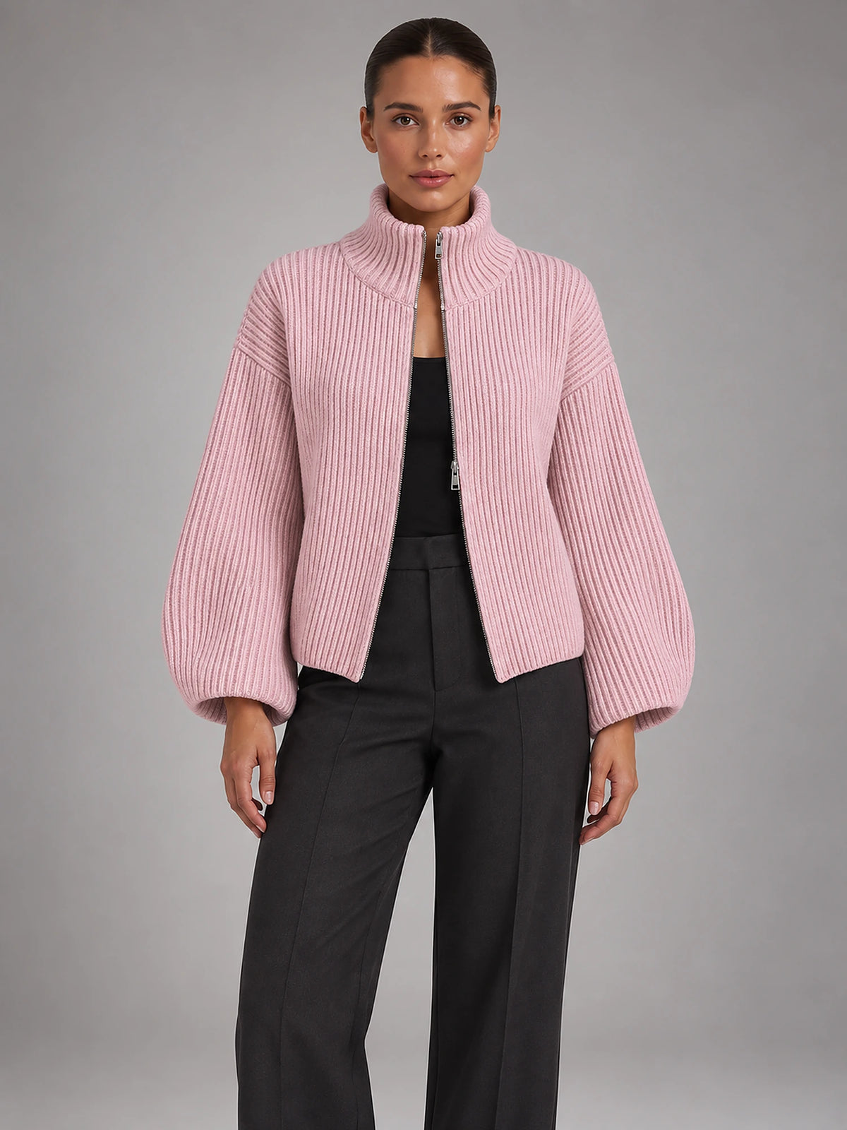 Women's Ribbed Zip-Up Cardigan – Roll Neck in Pink — front view