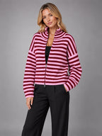 Women's Ribbed Zip-Up Cardigan – Roll Neck in Red/Pink Stripe — alternate view
