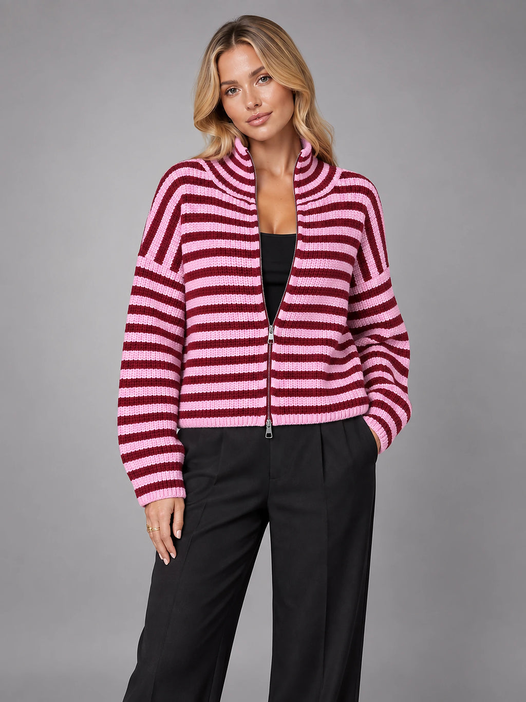 Women's Ribbed Zip-Up Cardigan – Roll Neck in Red/Pink Stripe — front view