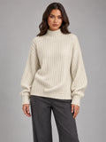 Women's Roll Neck Jumper – Relaxed Knit Pullover in Beige — front view