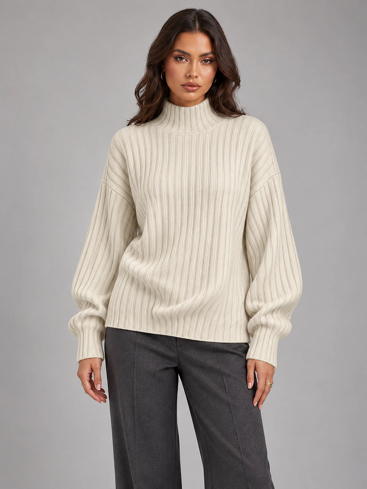 Women's Roll Neck Jumper – Relaxed Knit Pullover in Beige — front view