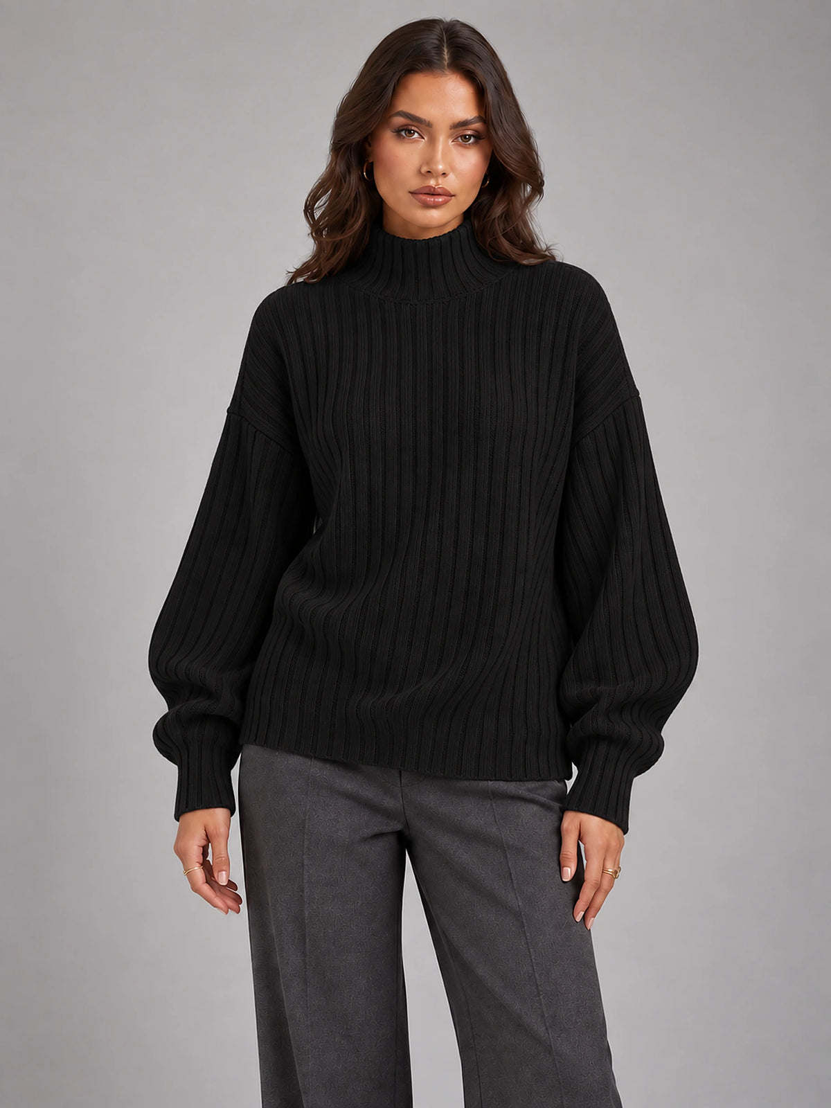 Women's Roll Neck Jumper – Relaxed Knit Pullover in Black — front view