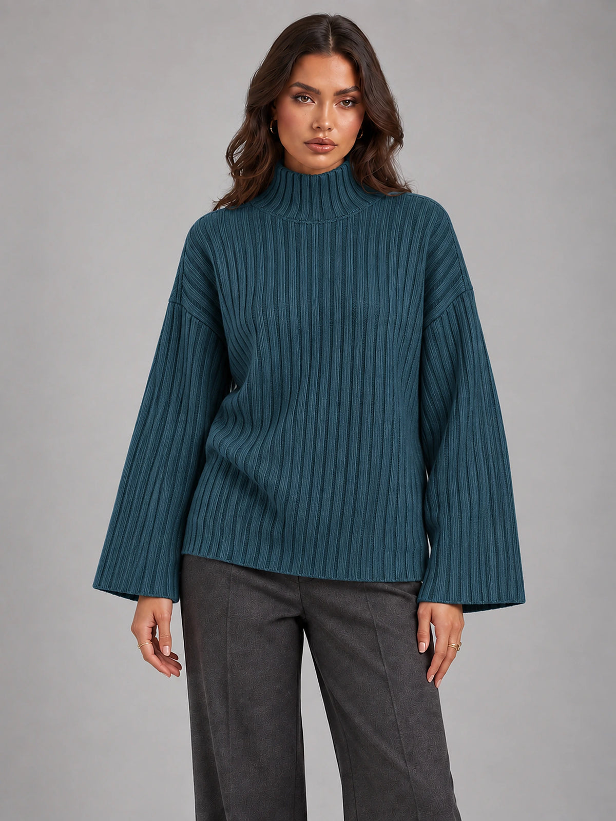 Women's Roll Neck Jumper – Relaxed Knit Pullover in Blue — front view