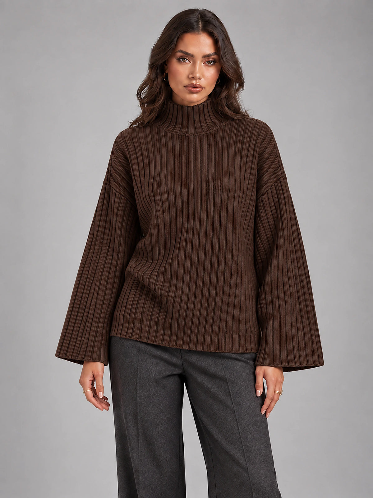 Women's Roll Neck Jumper – Relaxed Knit Pullover in Brown — front view