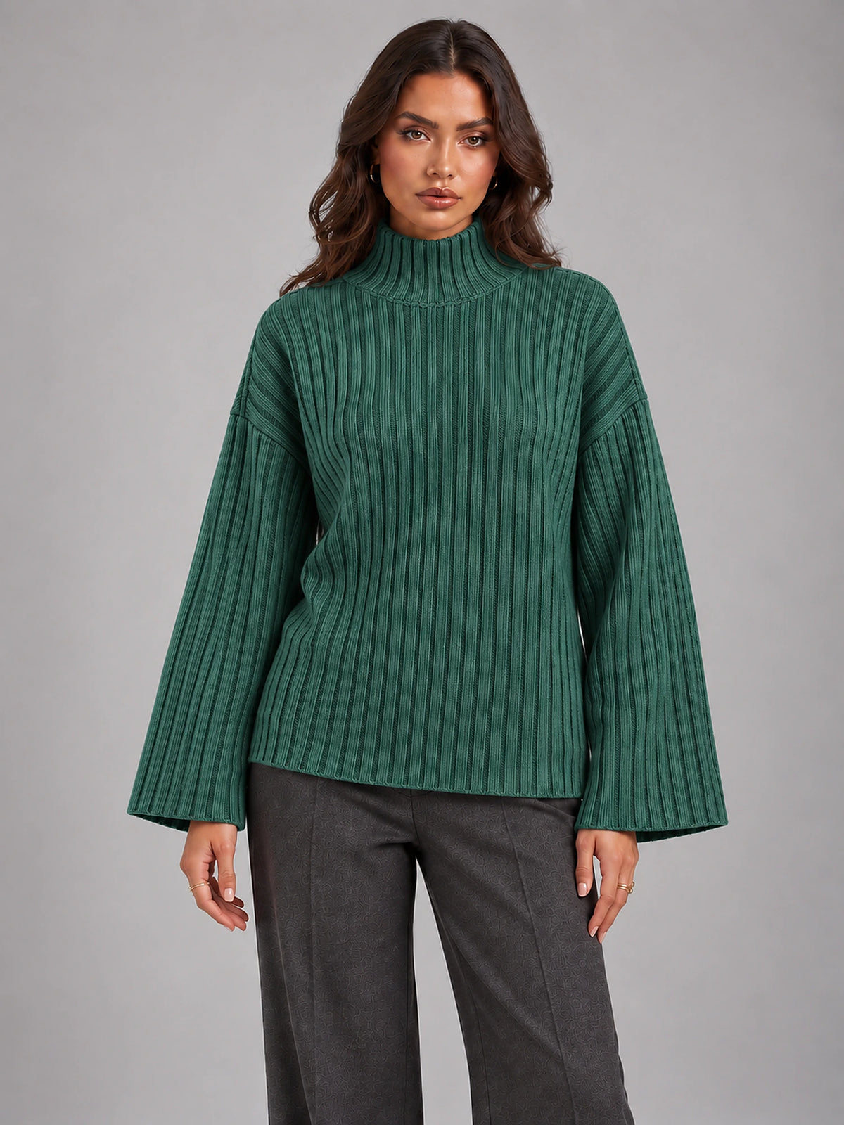 Women's Roll Neck Jumper – Relaxed Knit Pullover in Green — front view