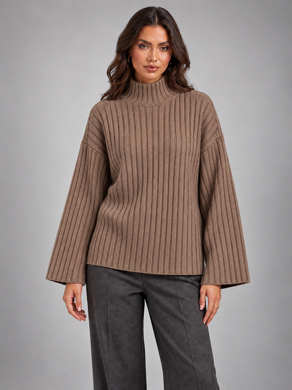 Women's Roll Neck Jumper – Relaxed Knit Pullover in Khaki — front view