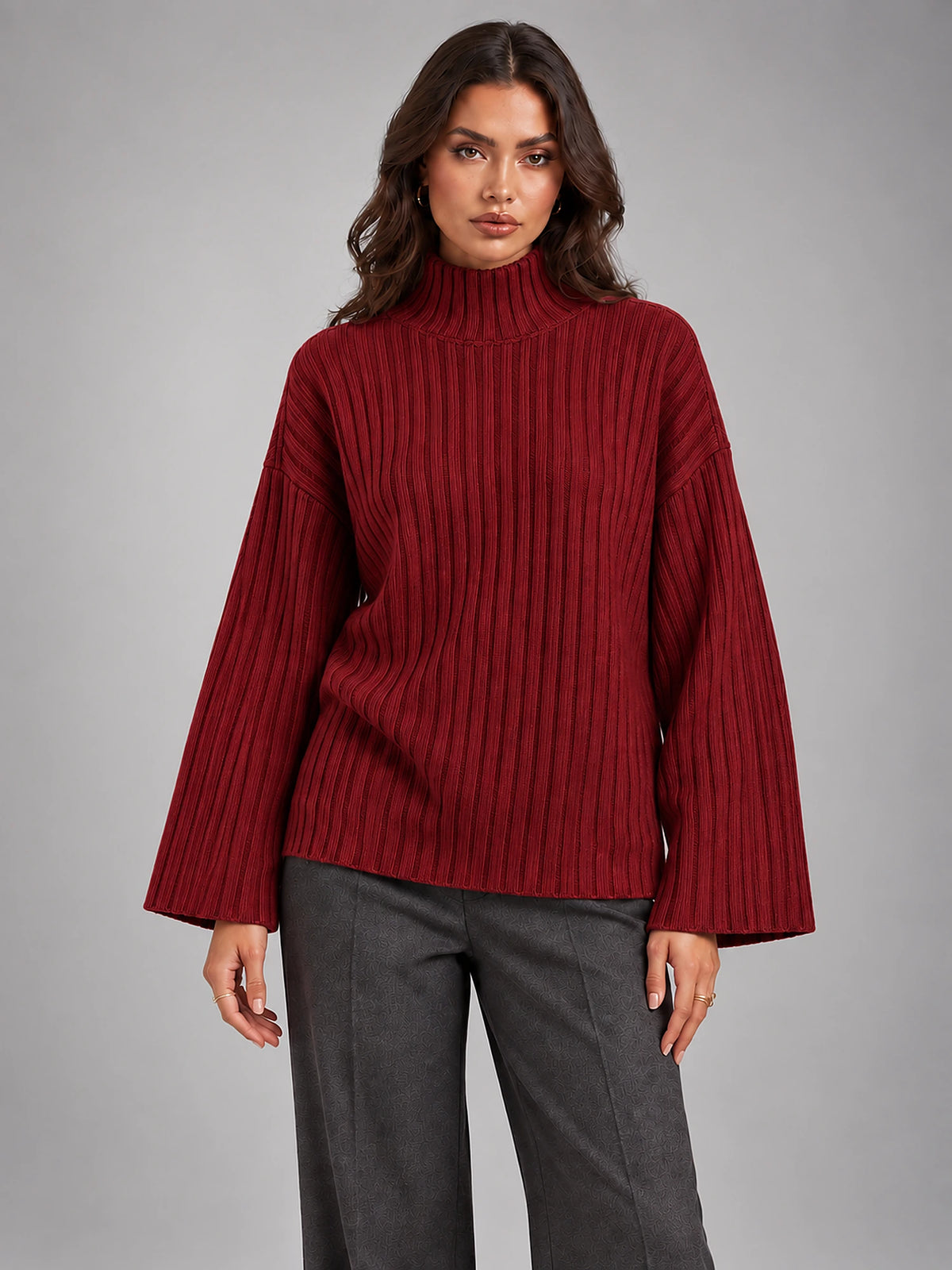 Women's Roll Neck Jumper – Relaxed Knit Pullover in Maroon — front view