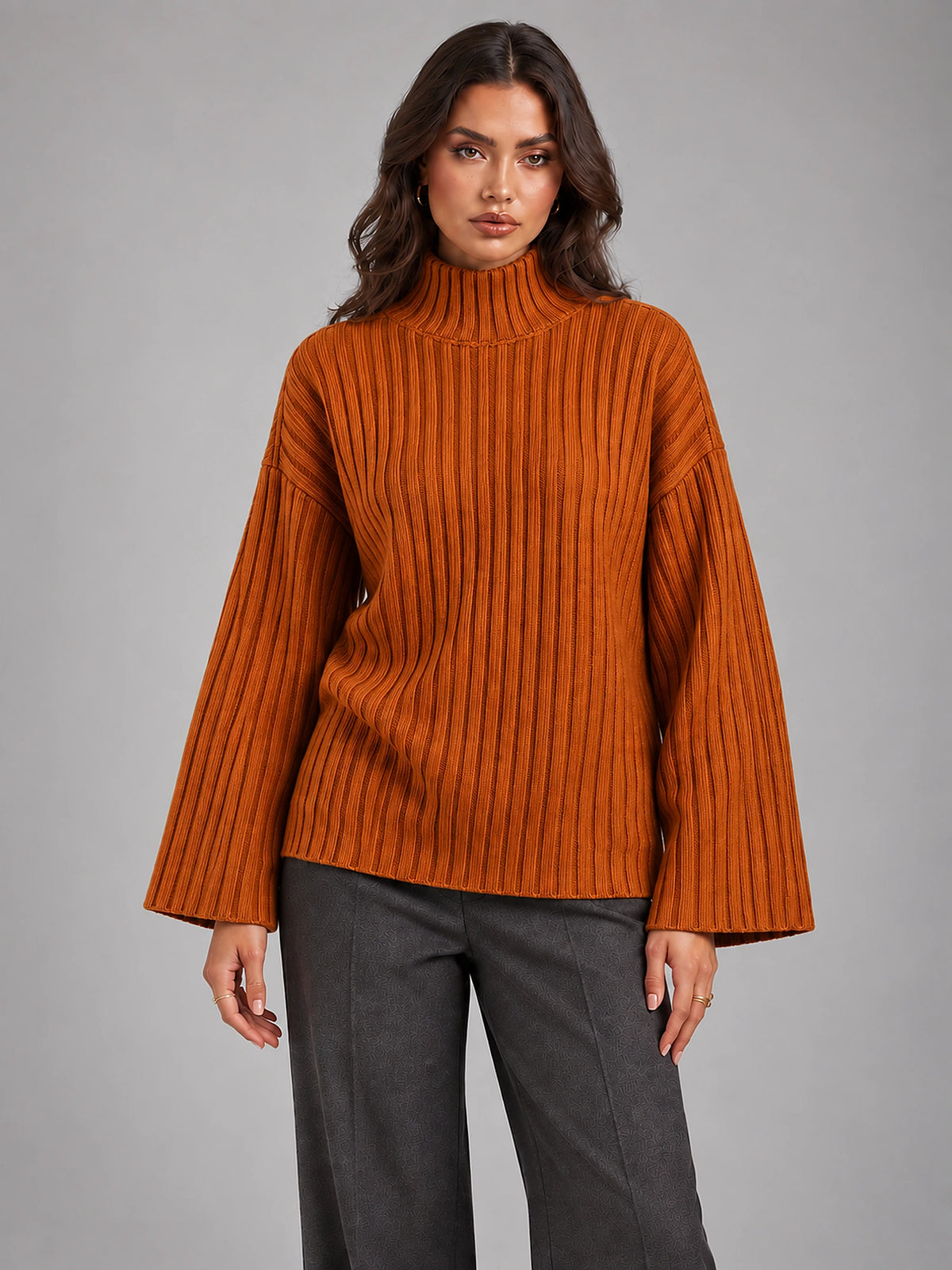 Women's Roll Neck Jumper – Relaxed Knit Pullover in Orange — front view