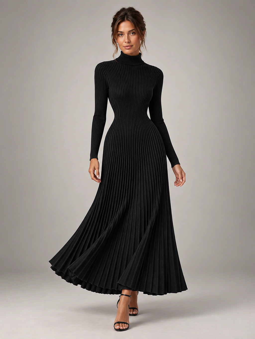 Women's Roll Neck Maxi Dress – Knitted Elastic Waist in Black — alternate view