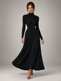 Women's Roll Neck Maxi Dress – Knitted Elastic Waist in Black — alternate view