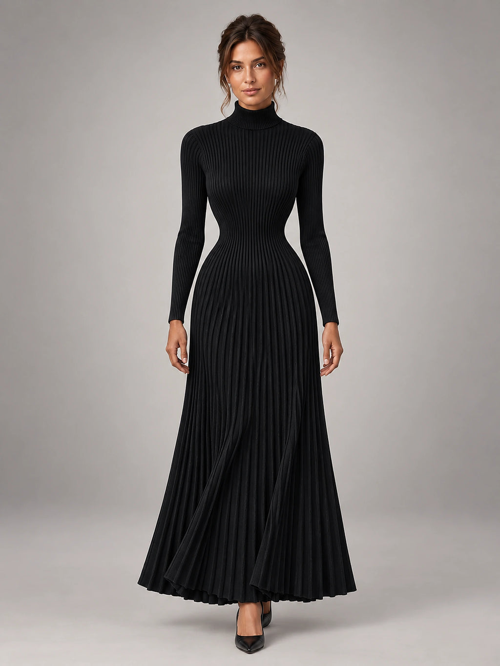 Women's Roll Neck Maxi Dress – Knitted Elastic Waist in Black — front view