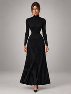 Women's Roll Neck Maxi Dress – Knitted Elastic Waist in Black — front view