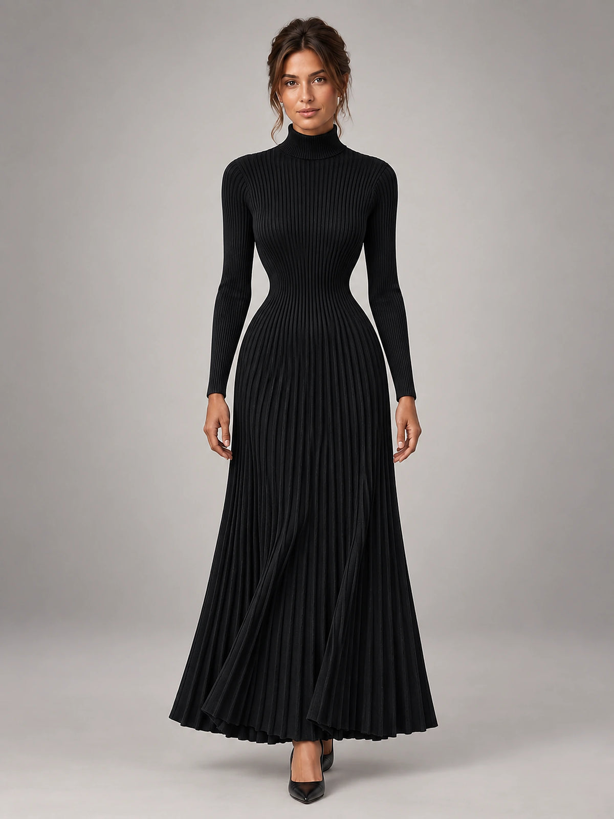 Women's Roll Neck Maxi Dress – Knitted Elastic Waist in Black — front view