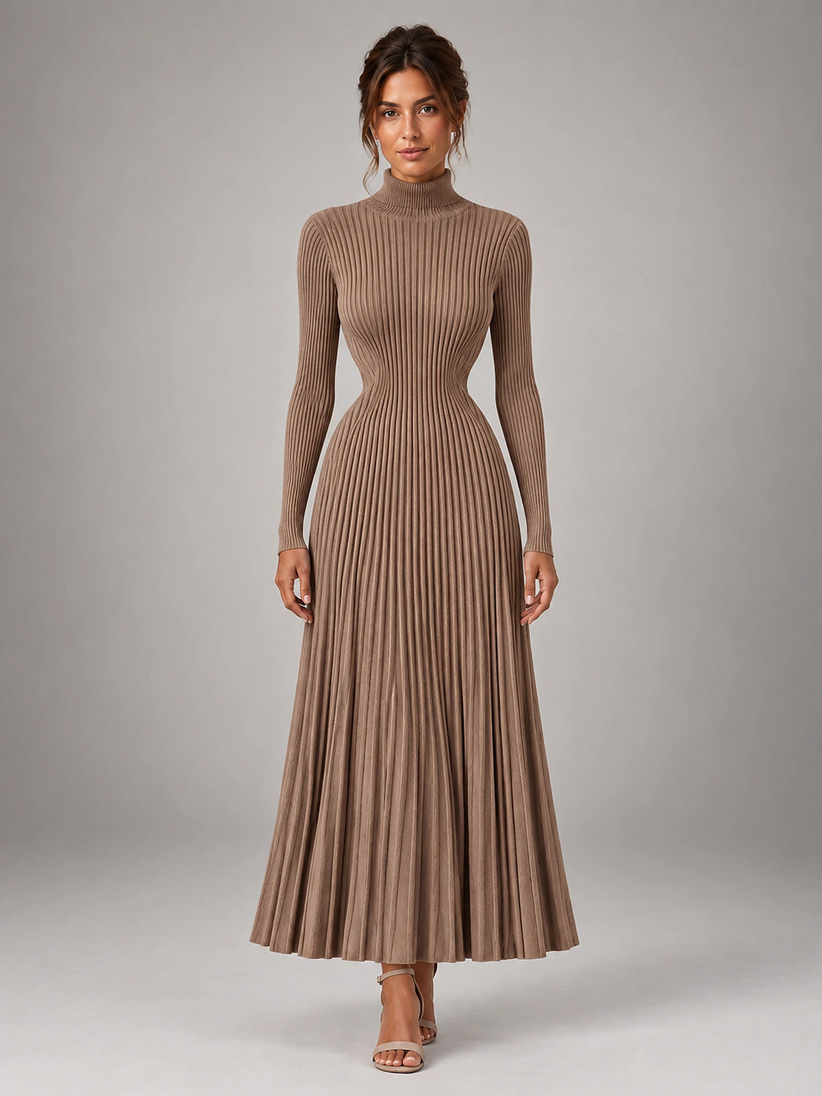 Women's Roll Neck Maxi Dress – Knitted Elastic Waist in Khaki — front view