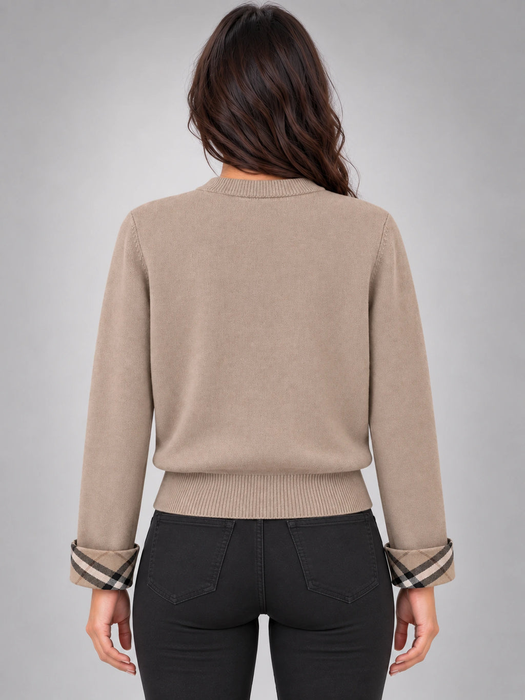 Women's Round Neck Knit Cardigan – Tartan Cuffs in Taupe — back view