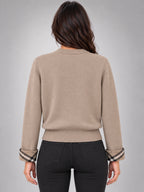 Women's Round Neck Knit Cardigan – Tartan Cuffs in Taupe — back view