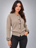 Women's Round Neck Knit Cardigan – Tartan Cuffs in Taupe — alternate view