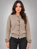 Women's Round Neck Knit Cardigan – Tartan Cuffs in Taupe — front view