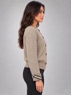 Women's Round Neck Knit Cardigan – Tartan Cuffs in Taupe — side view