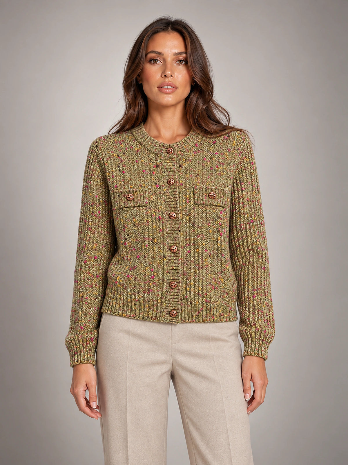 Women's Button-Front Knit Cardigan – Crew Neck Pockets in Olive — front view