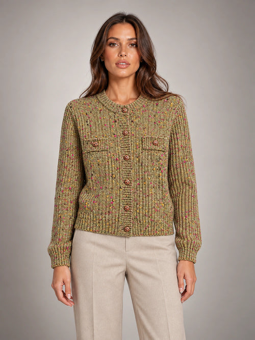 Women's Button-Front Knit Cardigan – Crew Neck Pockets in Olive — front view
