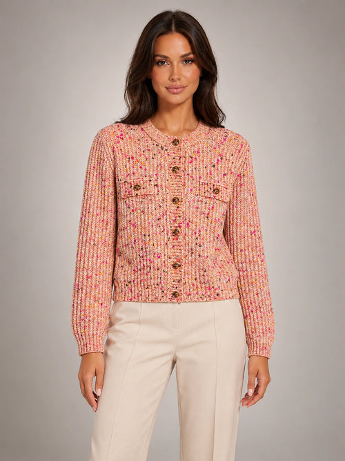 Women's Button-Front Knit Cardigan – Crew Neck Pockets in Peach — front view