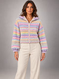 Women's Pastel Stripe Knit Cardigan – Zip-Up Hooded in Pastel Rainbow — front view