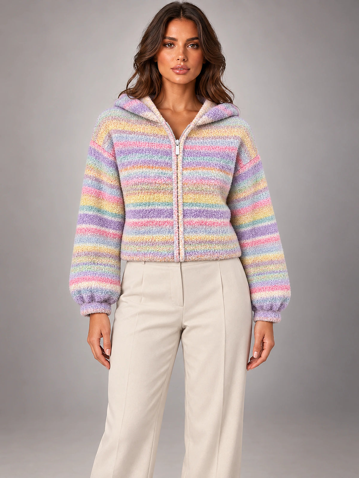 Women's Pastel Stripe Knit Cardigan – Zip-Up Hooded in Pastel Rainbow — front view