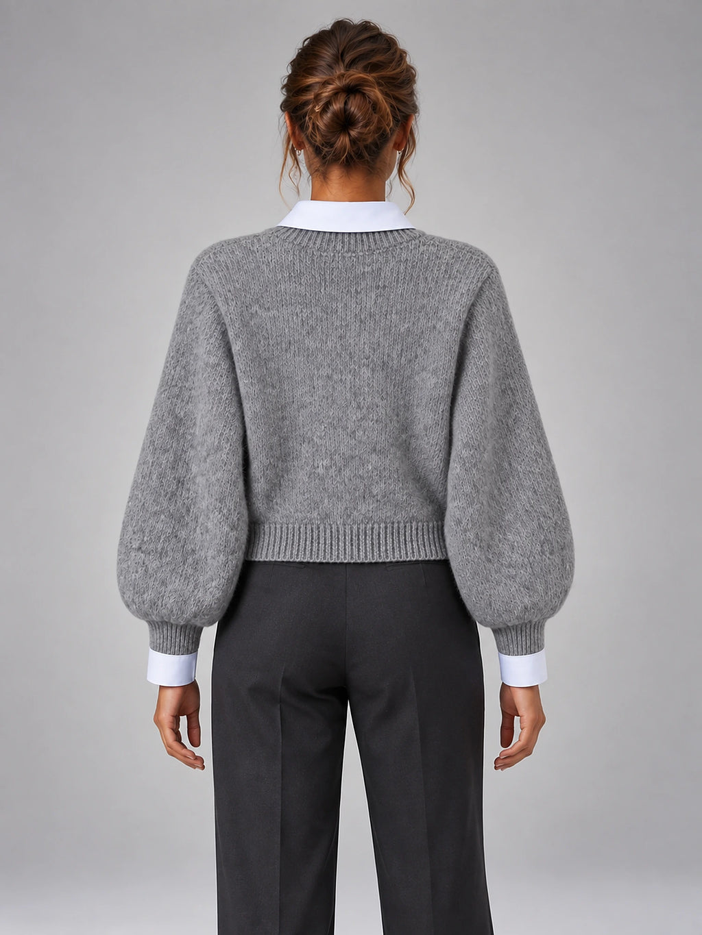 Women's Shirt Collar Jumper – Layered-Look Knit in Grey — back view