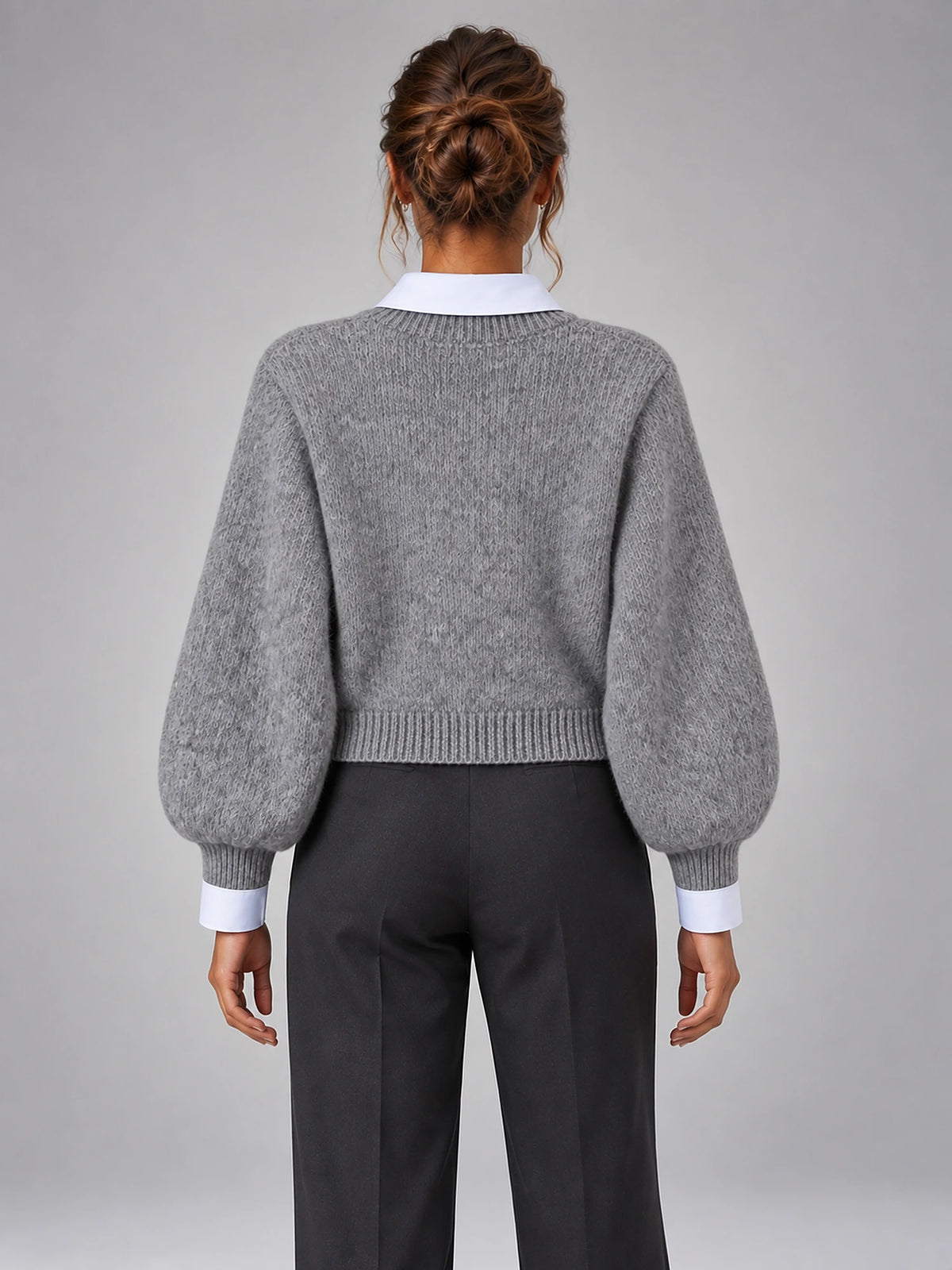 Women's Shirt Collar Jumper – Layered-Look Knit in Grey — back view