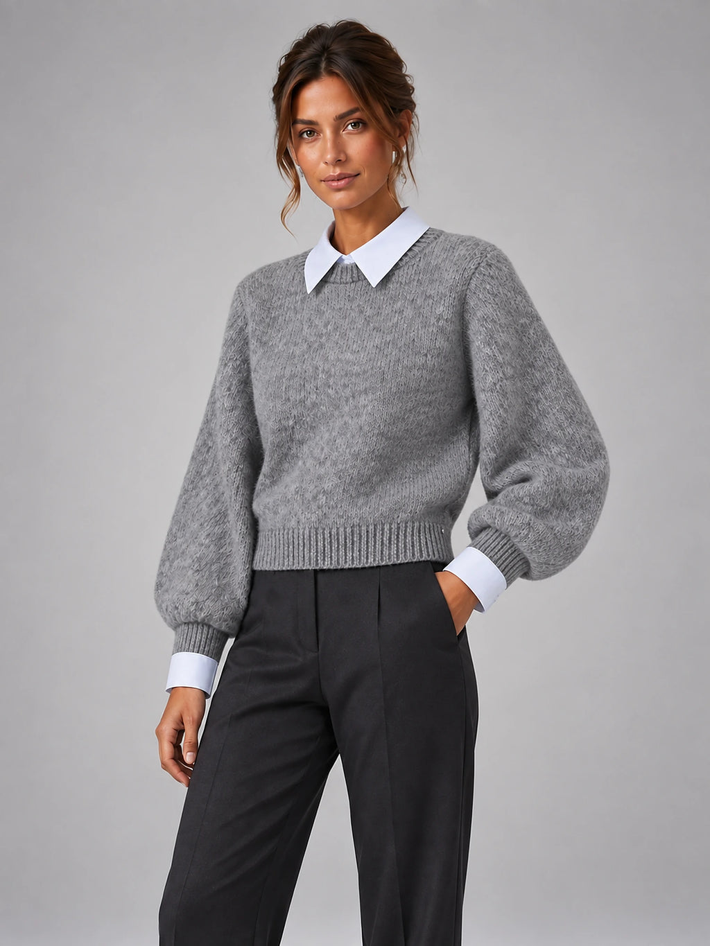 Women's Shirt Collar Jumper – Layered-Look Knit in Grey — alternate view
