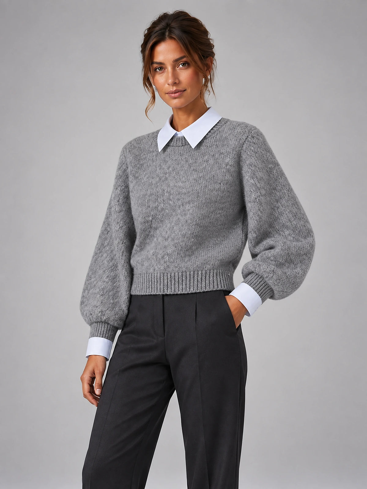 Women's Shirt Collar Jumper – Layered-Look Knit in Grey — alternate view
