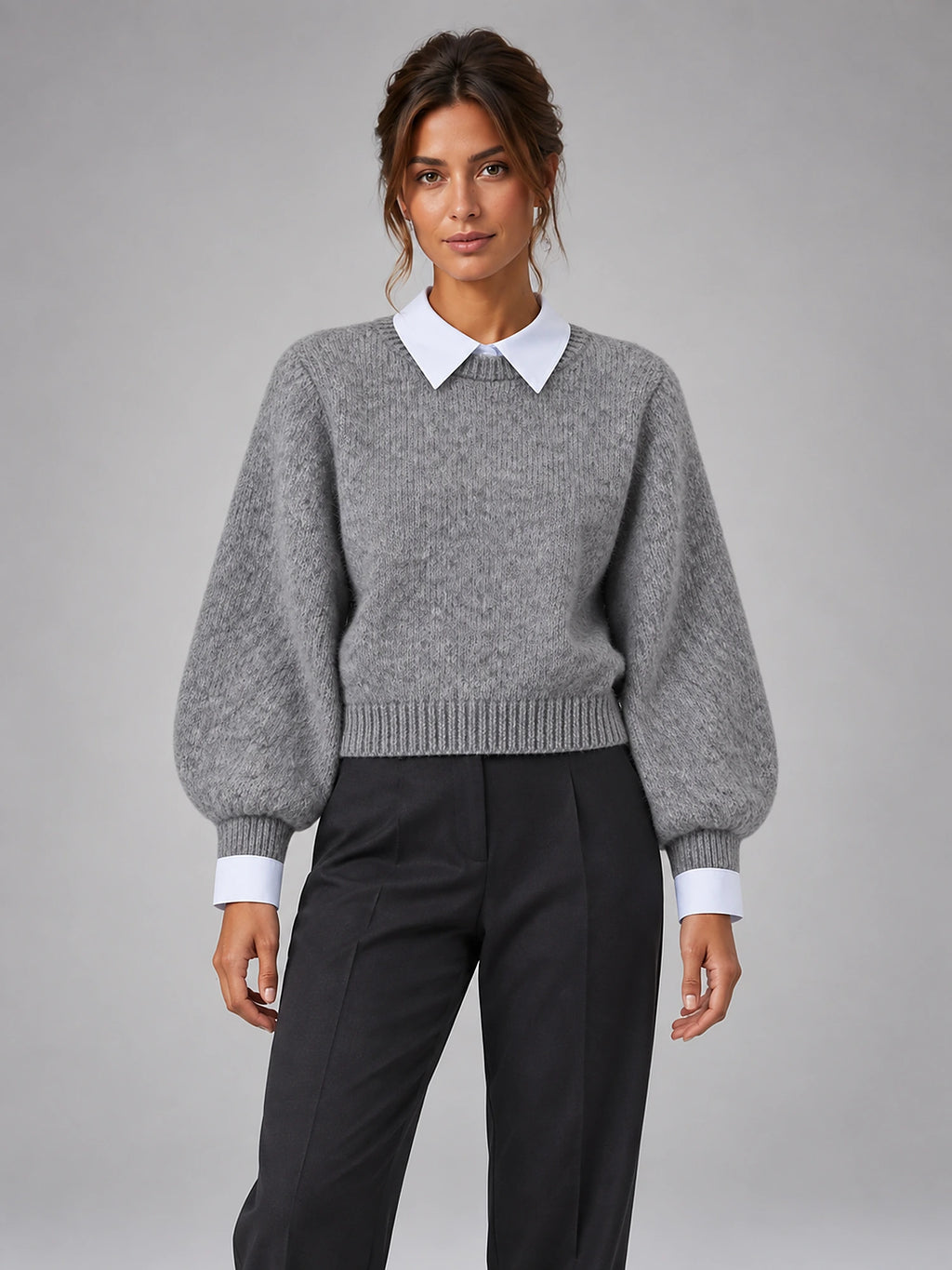 Women's Shirt Collar Jumper – Layered-Look Knit in Grey — front view