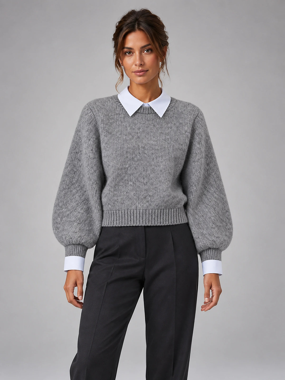 Women's Shirt Collar Jumper – Layered-Look Knit in Grey — front view