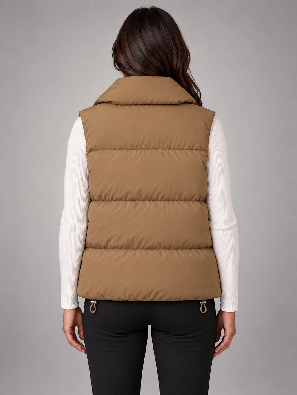 Women's Short Down Gilet – Stand Collar Puffer in Camel Khaki — back view