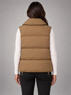 Women's Short Down Gilet – Stand Collar Puffer in Camel Khaki — back view