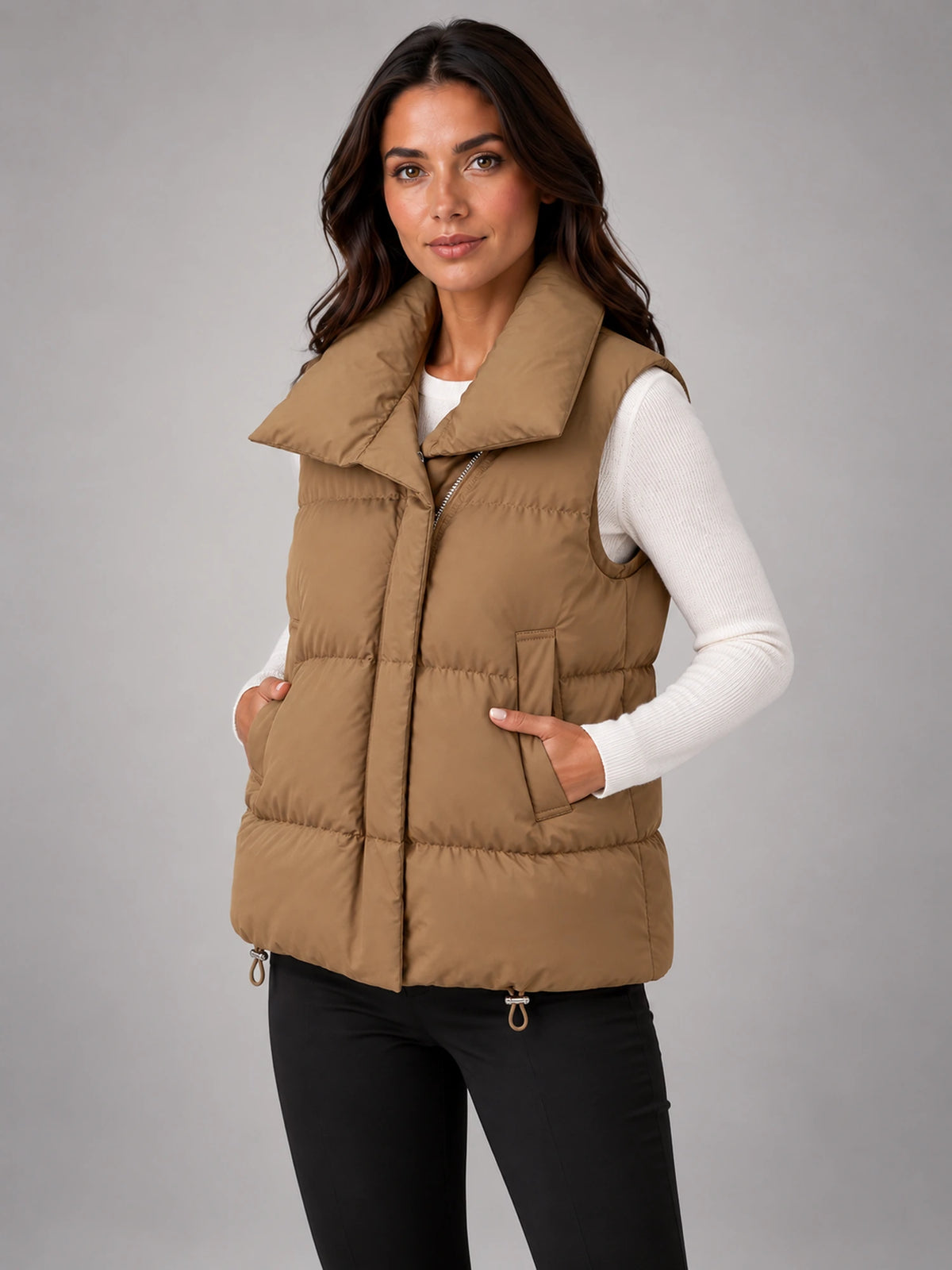 Women's Short Down Gilet – Stand Collar Puffer in Camel Khaki — alternate view