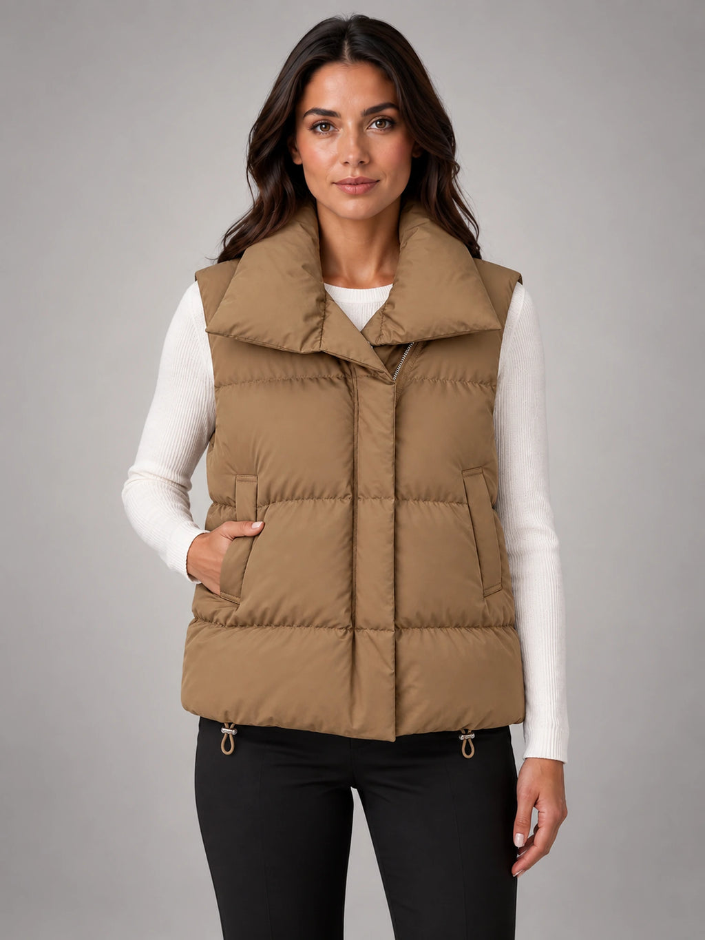 Women's Short Down Gilet – Stand Collar Puffer in Camel Khaki — front view