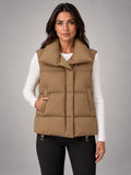 Women's Short Down Gilet – Stand Collar Puffer in Camel Khaki — front view