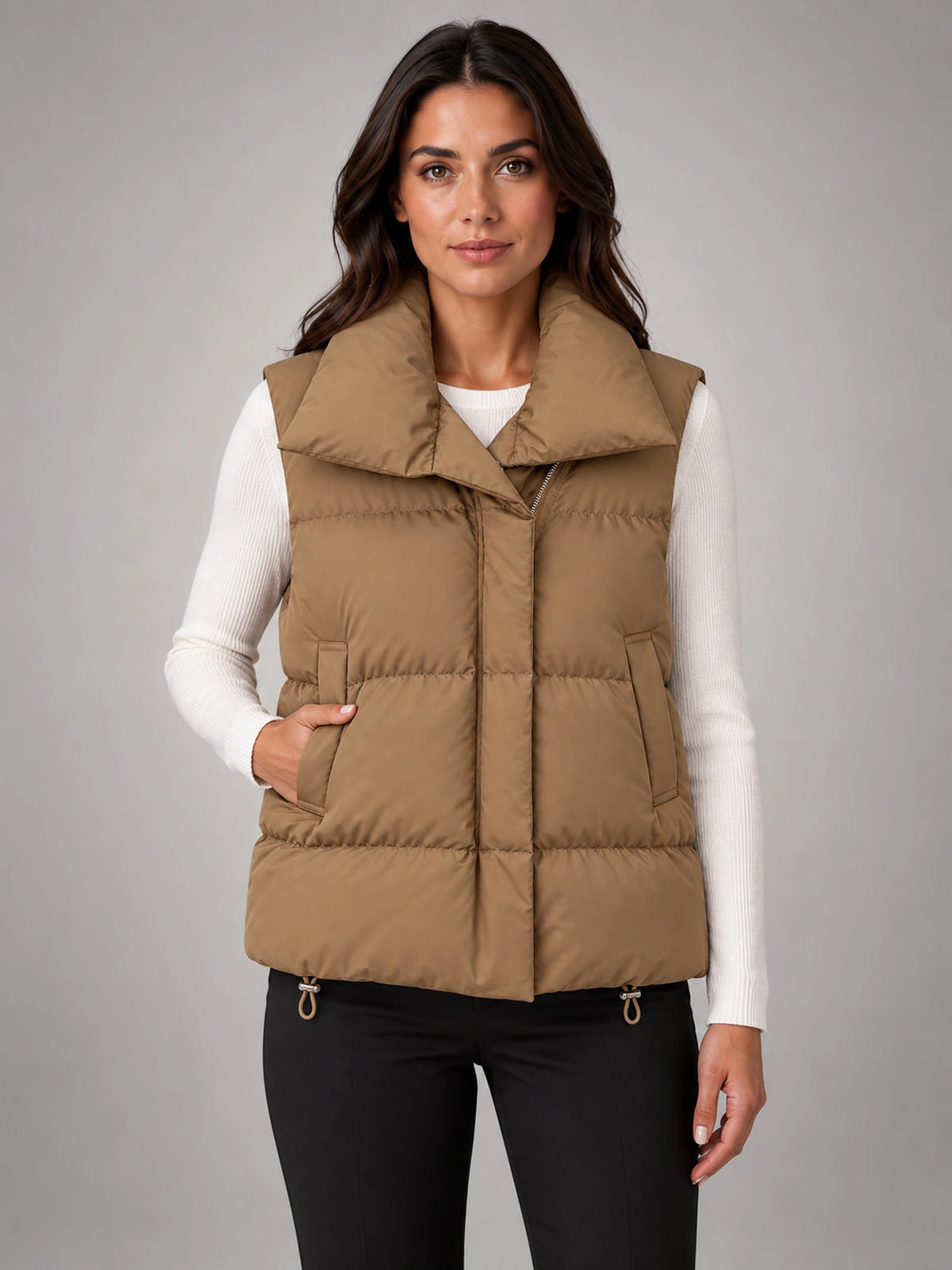 Women's Short Down Gilet – Stand Collar Puffer in Camel Khaki — front view