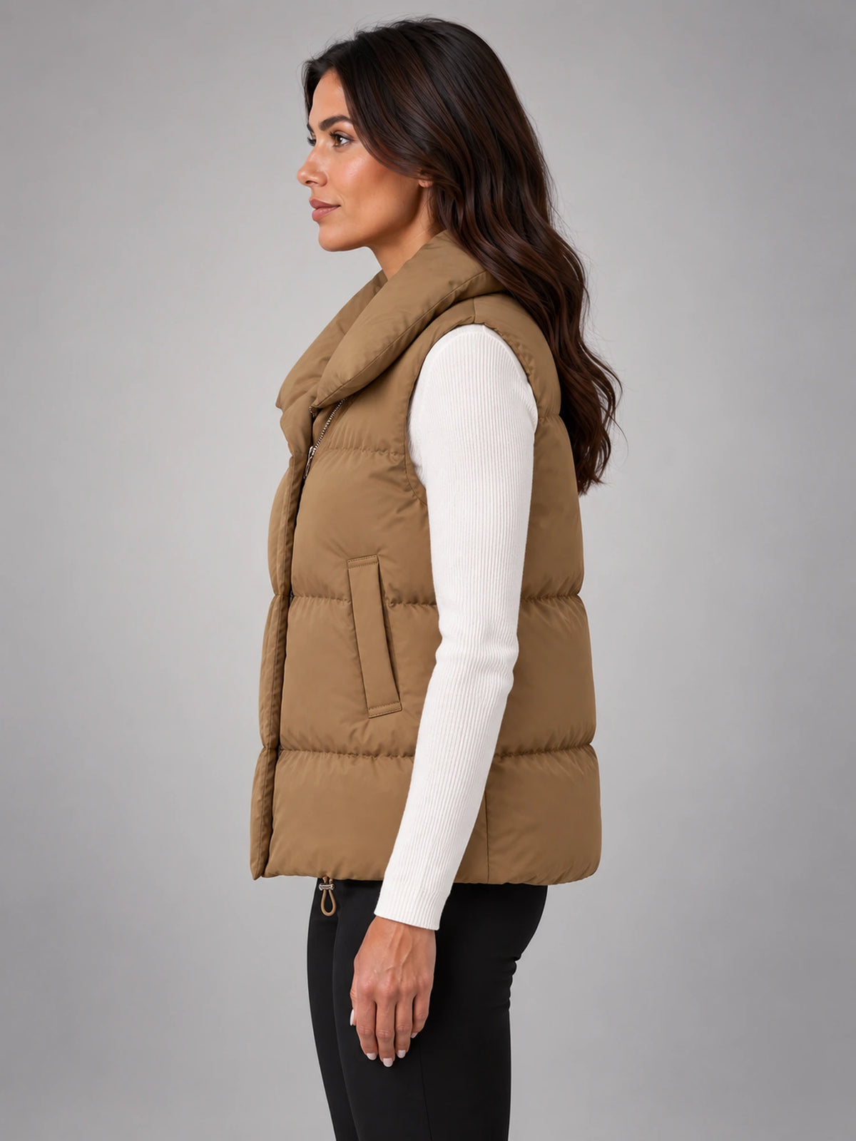 Women's Short Down Gilet – Stand Collar Puffer in Camel Khaki — side view