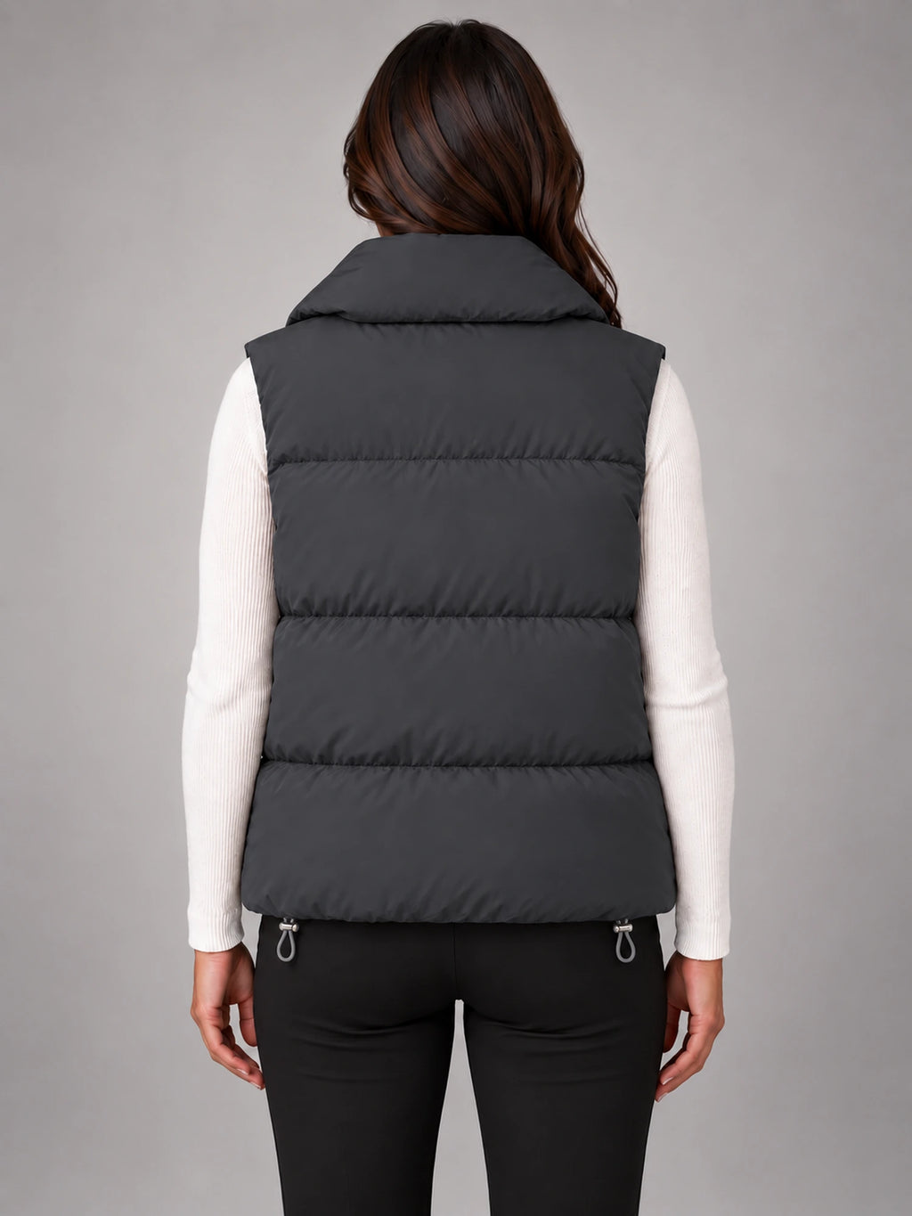 Women's Short Down Gilet – Stand Collar Puffer in Charcoal — back view