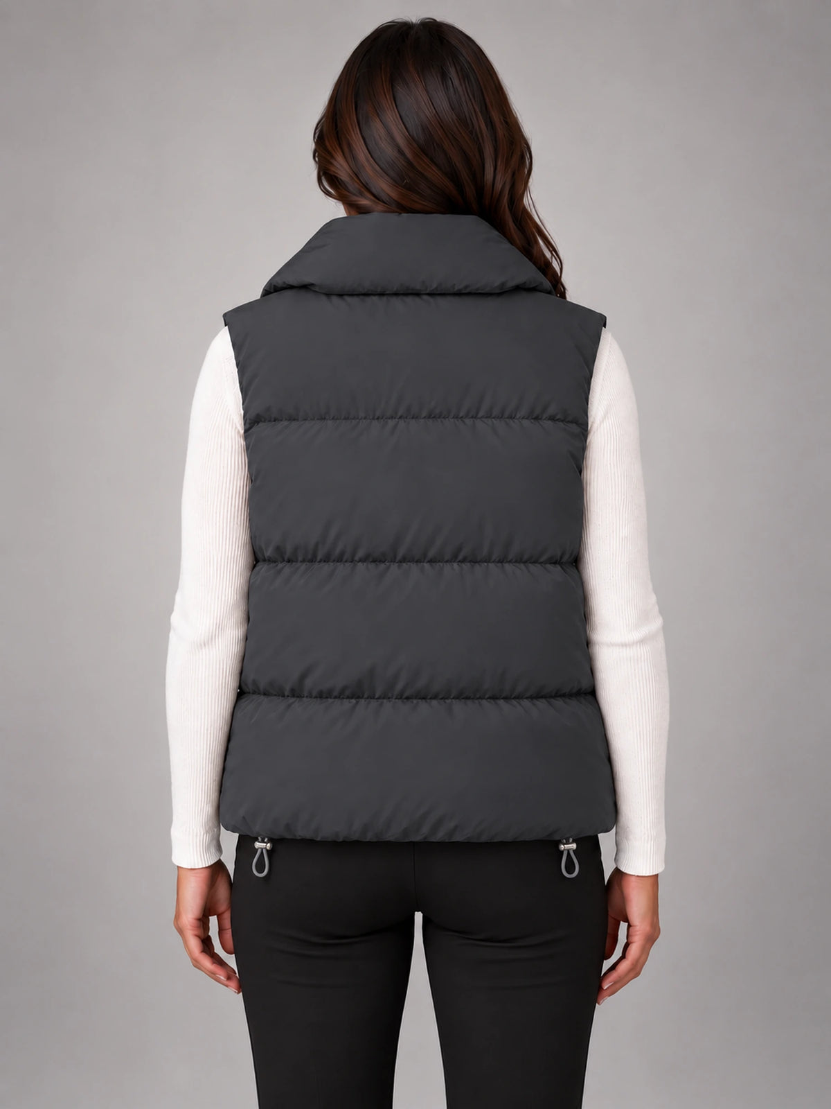 Women's Short Down Gilet – Stand Collar Puffer in Charcoal — back view