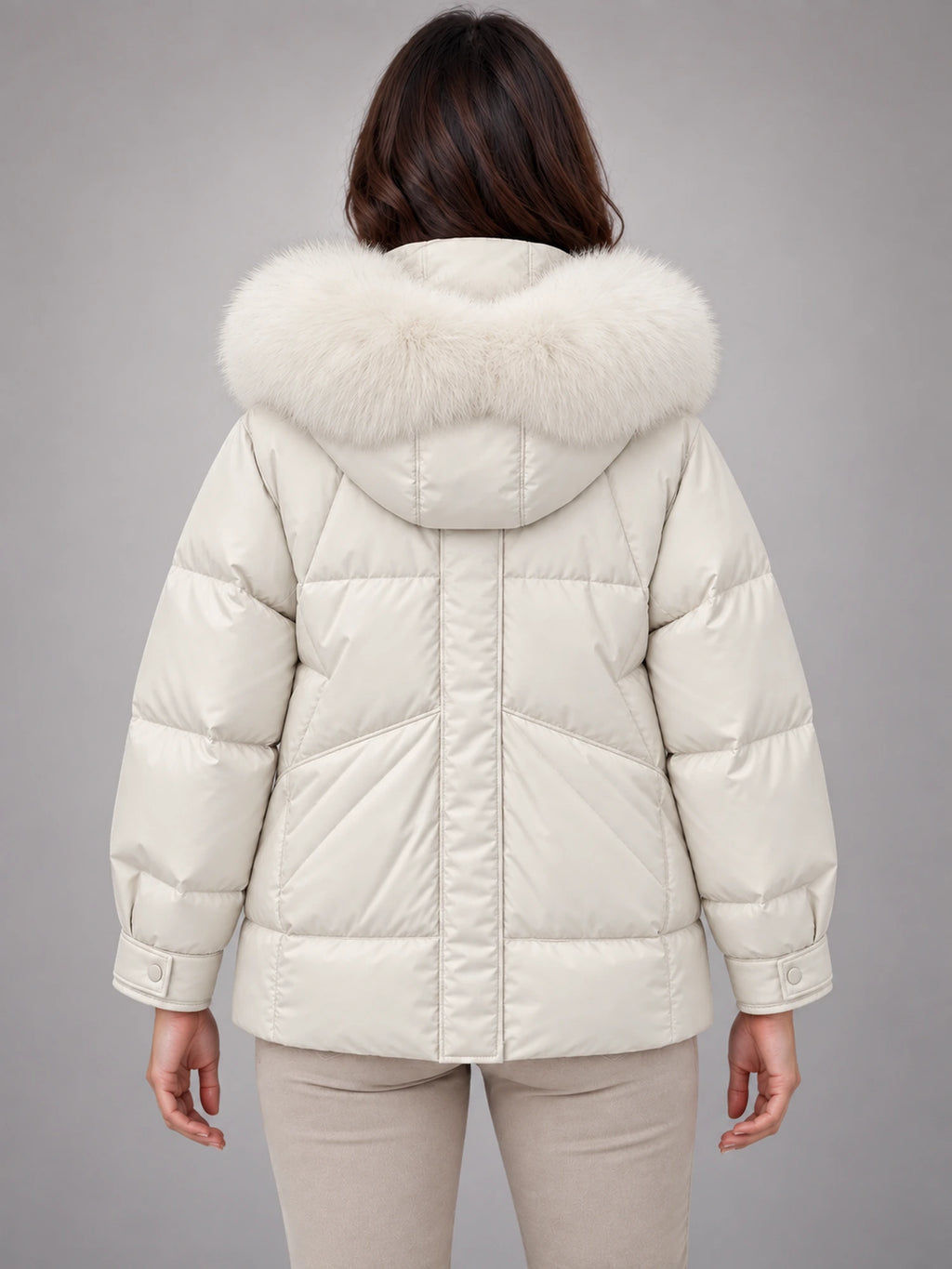 Women's Short Puffer Jacket – Fur Hood Geometric Quilt in Ivory — back view