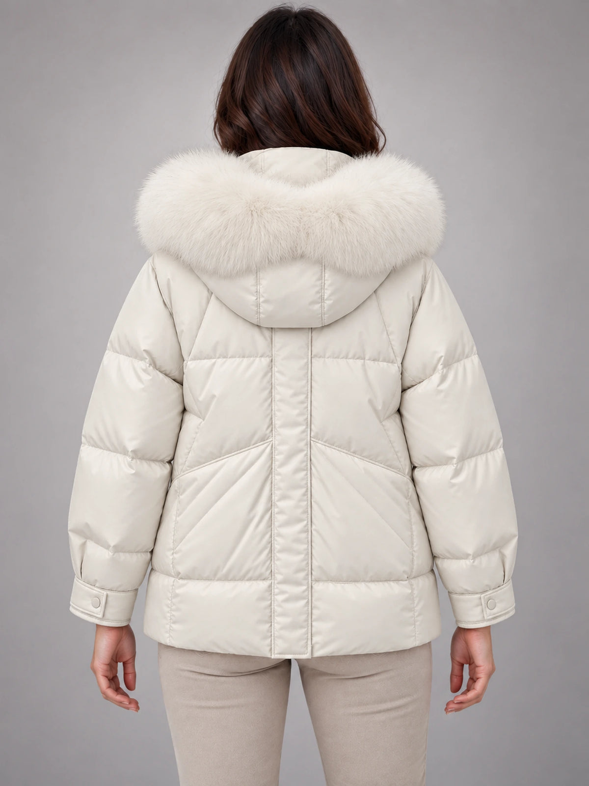 Women's Short Puffer Jacket – Fur Hood Geometric Quilt in Ivory — back view