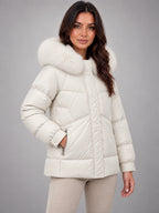 Women's Short Puffer Jacket – Fur Hood Geometric Quilt in Ivory — alternate view