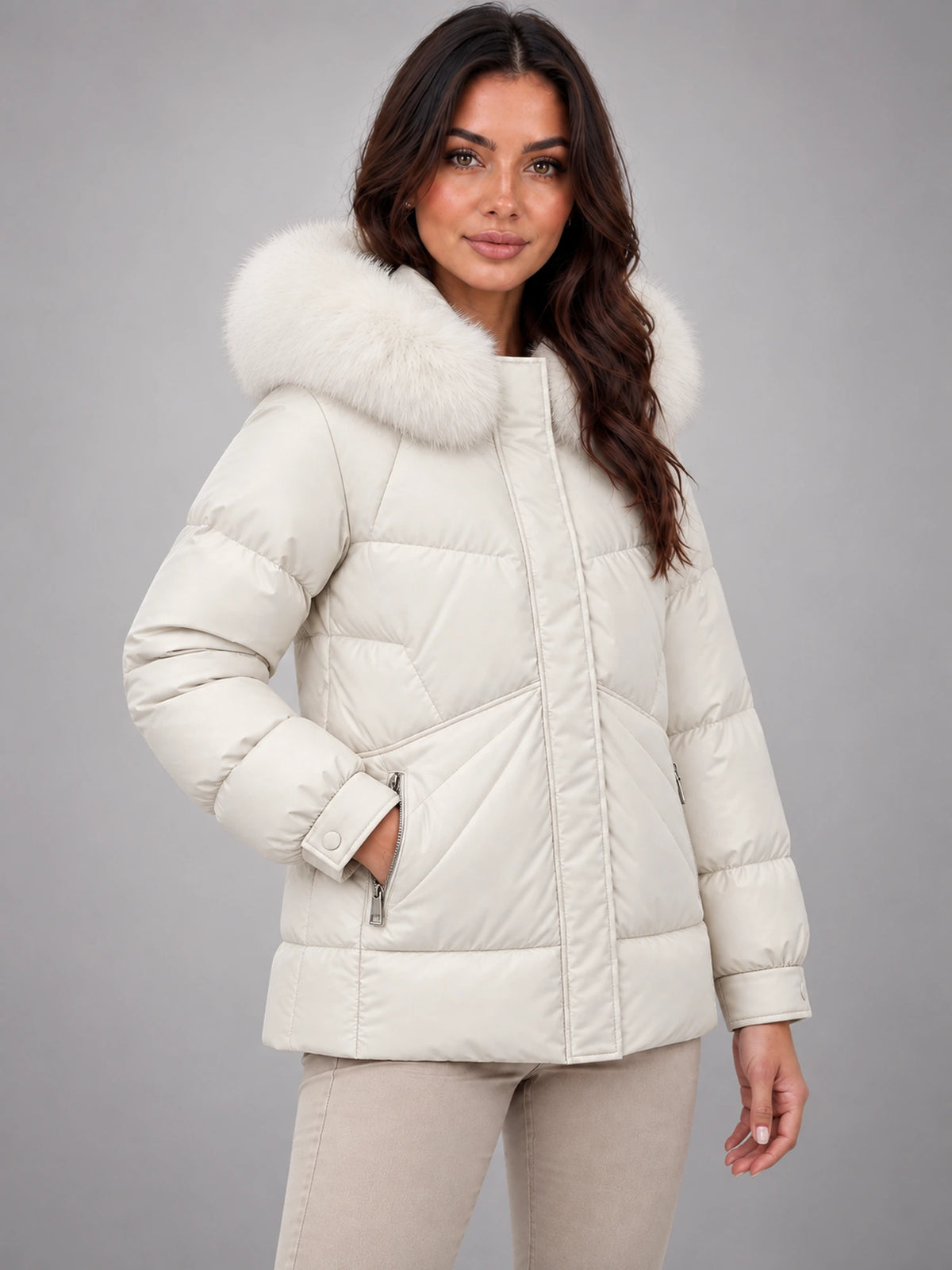 Women's Short Puffer Jacket – Fur Hood Geometric Quilt in Ivory — alternate view