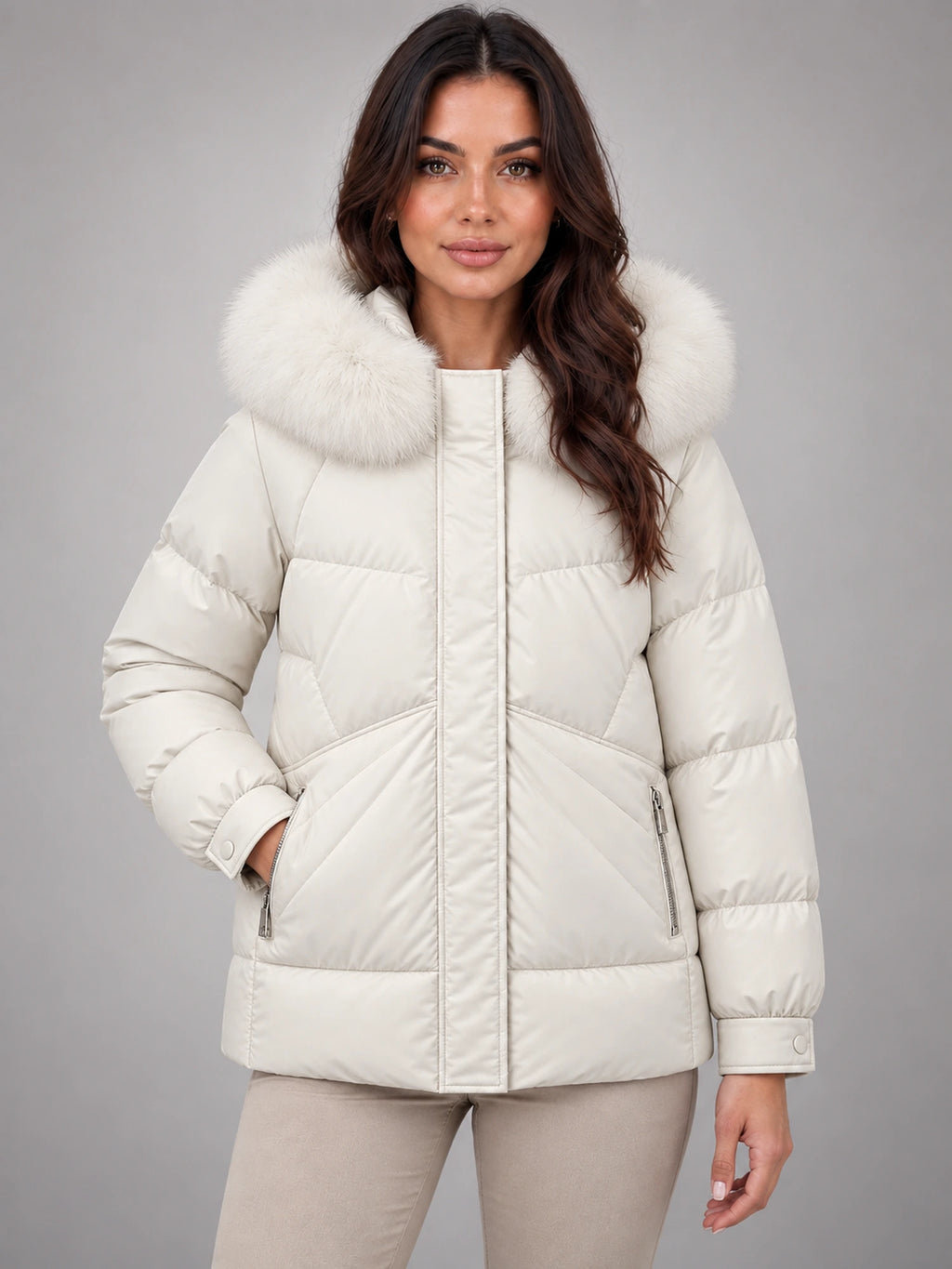 Women's Short Puffer Jacket – Fur Hood Geometric Quilt in Ivory — front view
