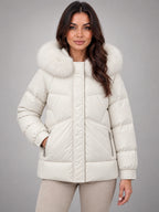 Women's Short Puffer Jacket – Fur Hood Geometric Quilt in Ivory — front view